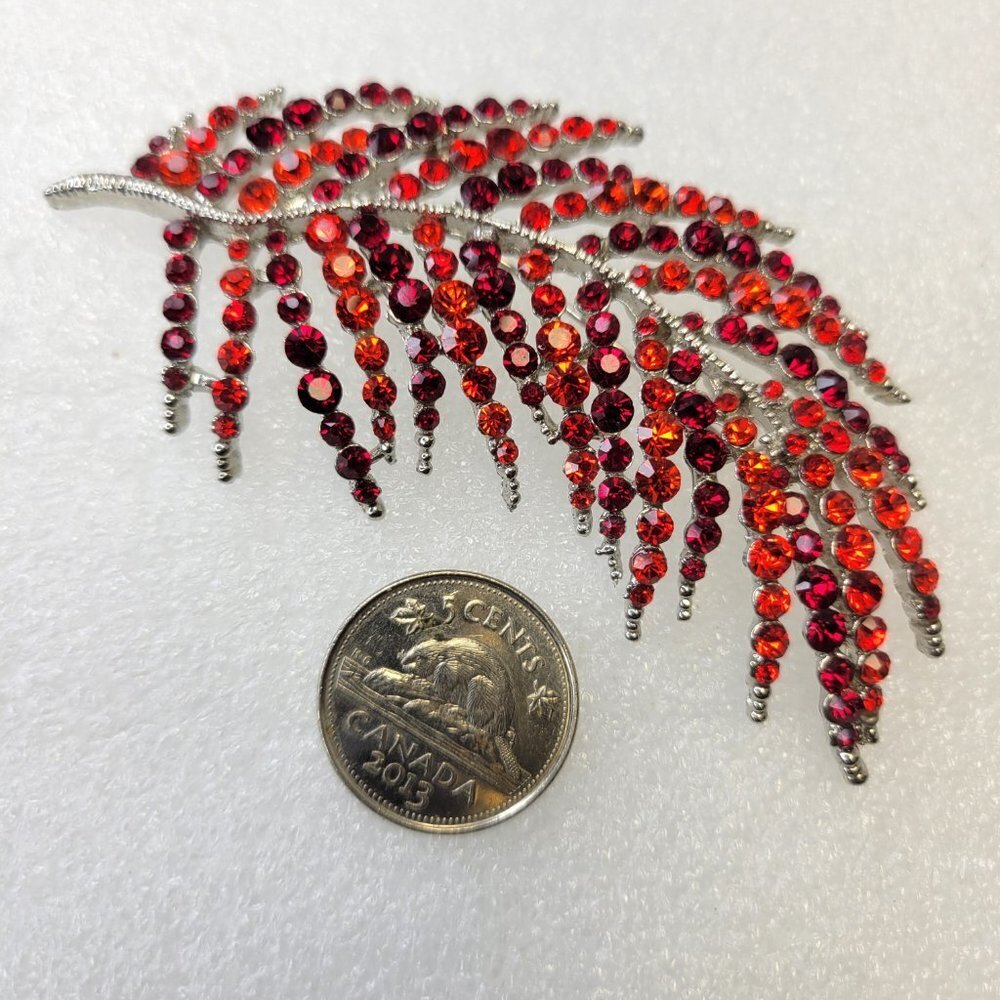 Red Rhinestone Leaf Brooch - Picture 5 of 13